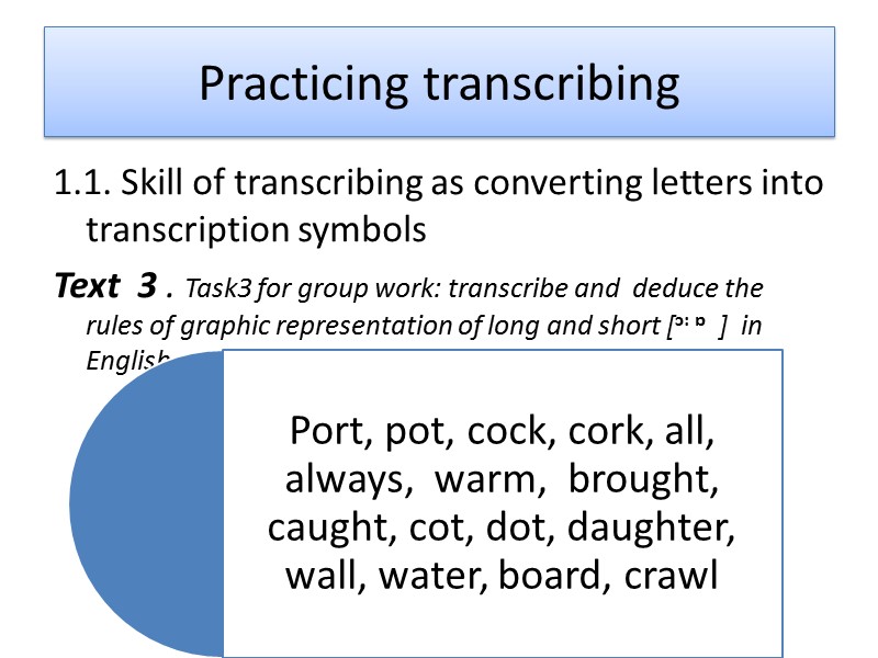 Practicing transcribing  1.1. Skill of transcribing as converting letters into transcription symbols 